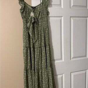 Green Floral Tiered Dress with Bow